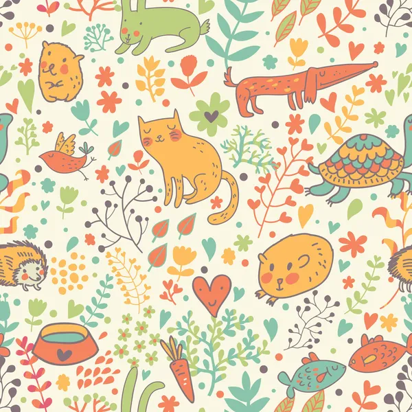 Funny animals in flowers. Cartoon seamless pattern for childish designs. Hamster, cat, dog, turtle. Seamless pattern can be used for wallpaper, pattern fills, web page background, surface textures. — Stock Vector