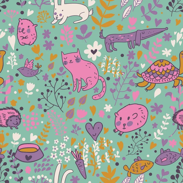 Funny animals in flowers. Cartoon seamless pattern for childish designs. Hamster, cat, dog, turtle. Seamless pattern can be used for wallpaper, pattern fills, web page background, surface textures. — Stock Vector