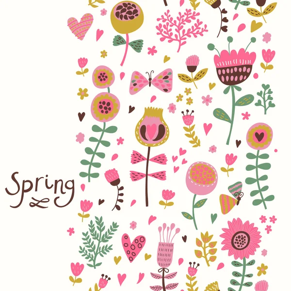 春のシームレスなパターン。鮮やかな花と蝶ロマンチックな壁紙を。壁紙、パターンの塗りつぶし、web ページの背景、表面のテクスチャにシームレスなパターンを使用することができます。. — ストックベクタ