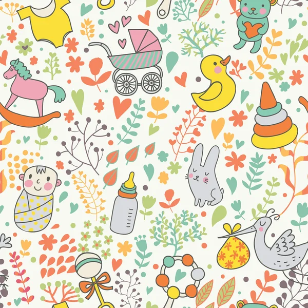 Childhood concept seamless pattern. Toys, animals, childish elements in vector. Cartoon background. Can be used for wallpaper, pattern fills, web page background,surface textures. — Stock Vector