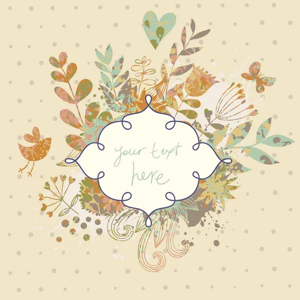 Tarjeta vintage en vector hecha de flores y mariposas. Composición floral retro con caja de texto. Fondo elegante en colores ocres — Vector de stock