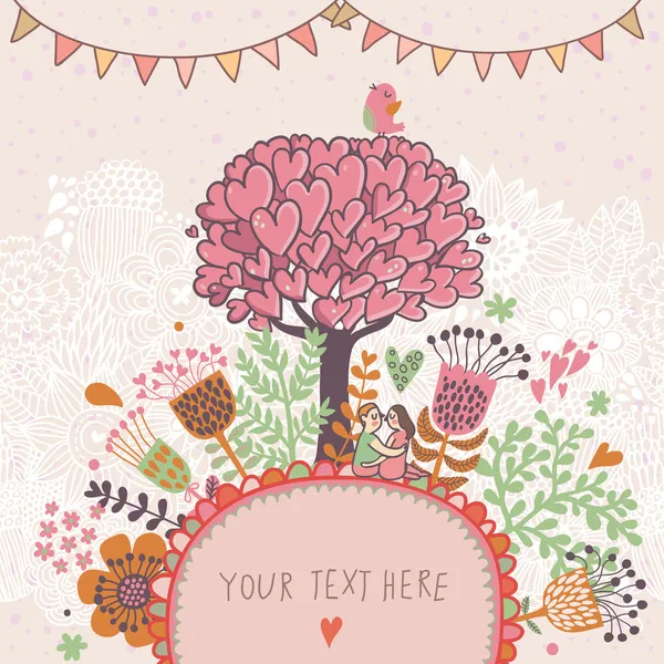 Love tree concept illustration. Cartoon floralen Hintergrund in Vektor gemacht, wenn Blumen, Baum, Herzen und Vogel. romantische florale Tapete — Stockvektor