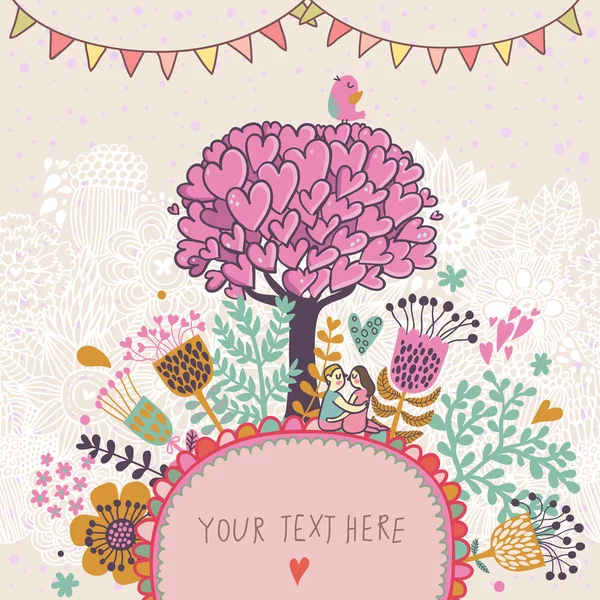 Love tree concept illustration. Cartoon floral background in vector made if flowers, tree, hearts and bird. Romantic floral wallpaper — Stock Vector