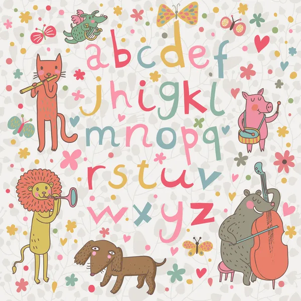与可爱卡通动物音乐家的明亮字母表。卡通字母和动物豹子、 粉红色、 熊、 狗、 狮子在矢量 — 图库矢量图片