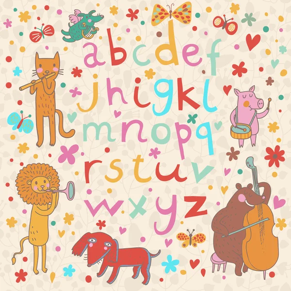 Luminoso alfabeto con simpatici animali dei cartoni animati musicisti. Lettere dei cartoni animati e animali leopardo, rosa, orso, cane, leone in vettore — Vettoriale Stock