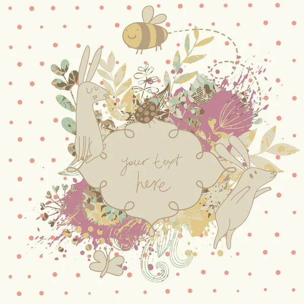 Vintage floral wedding invitation with cute rabbits. Nice vector card. Ideal for any types of invitation in retro style. — Stock Vector