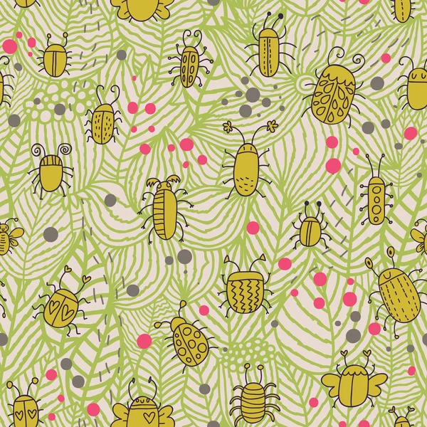 Padrão sem costura Primavera vintage. Bugs em folhas de fundo dos desenhos animados. Padrão sem costura pode ser usado para papel de parede, enchimentos padrão, fundo da página web, texturas de superfície . — Vetor de Stock