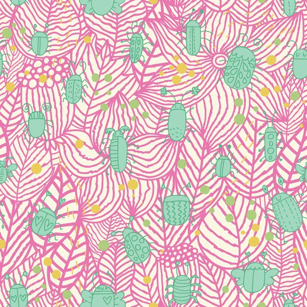 Printemps vintage motif sans couture. Bugs dans le fond de bande dessinée de feuilles. Modèle sans couture peut être utilisé pour le papier peint, remplissage de motif, fond de page Web, textures de surface . — Image vectorielle