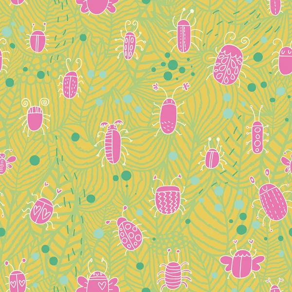 Vintage Spring nahtlose Muster. Käfer in Blättern Cartoon Hintergrund. nahtloses Muster kann für Tapeten, Musterfüllungen, Webseiten-Hintergrund, Oberflächentexturen verwendet werden. — Stockvektor