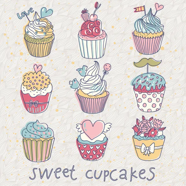 Ensemble vecteur cupcakes sucrés. Dessin animé savoureux cupcakes aux couleurs pastel — Image vectorielle