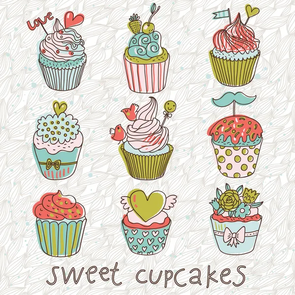 Dulces cupcakes vector conjunto. Dibujos animados sabrosos cupcakes en colores pastel — Vector de stock