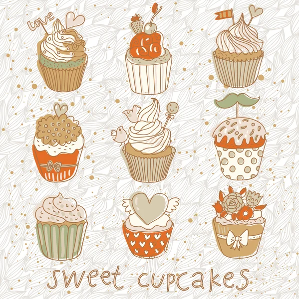 Dulces cupcakes vector conjunto. Dibujos animados sabrosos cupcakes en colores pastel — Vector de stock