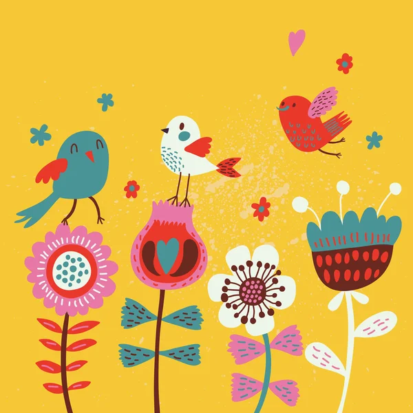 Mignons oiseaux de dessin animé sur les fleurs. Fond floral lumineux en vecteur. Eléments vintage enfant — Image vectorielle