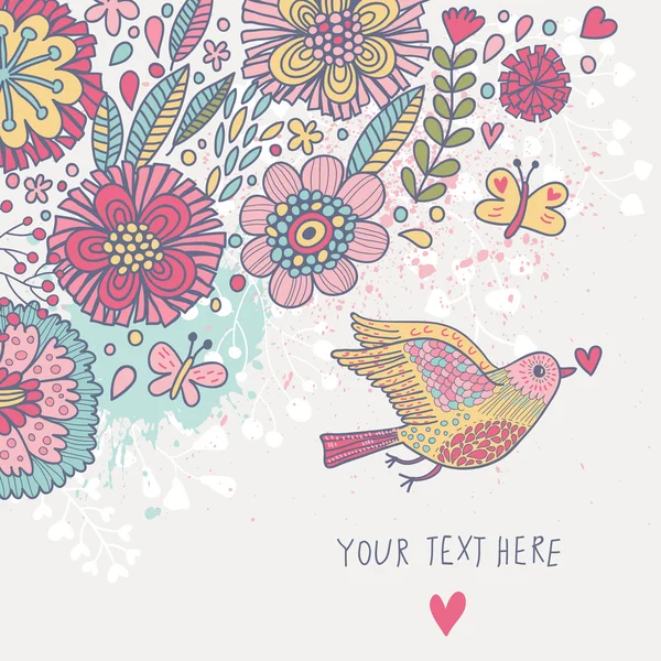 Kleurrijke vintage achtergrond. Pastel gekleurde bloemen behang met vogels en vlinders. Cartoon romantische kaart in vector — Stockvector