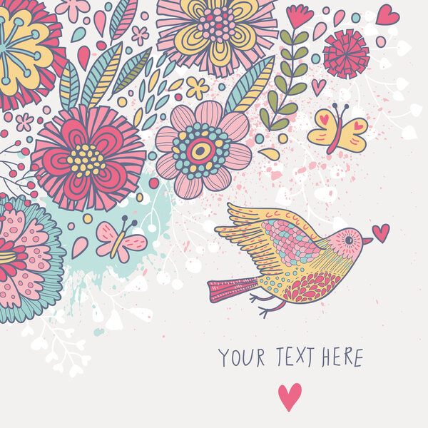 Colorful vintage background. Pastel colored floral wallpaper with bird and butterflies. Cartoon romantic card in vector