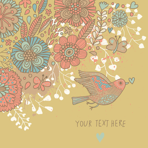 Colorful vintage background. Pastel colored floral wallpaper with bird and butterflies. Cartoon romantic card in vector