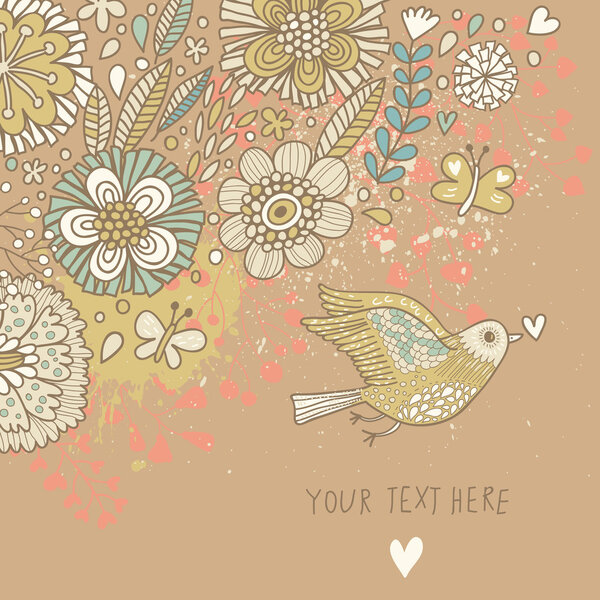 Colorful vintage background. Pastel colored floral wallpaper with bird and butterflies. Cartoon romantic card in vector