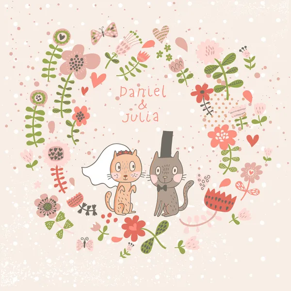 Invitación de boda de dibujos animados. Tarjeta floral romántica con divertidos gatos novio y novia. Papel pintado vectorial hecho de flores. Ideal para tarjetas de boda e invitaciones Save the Date . — Vector de stock