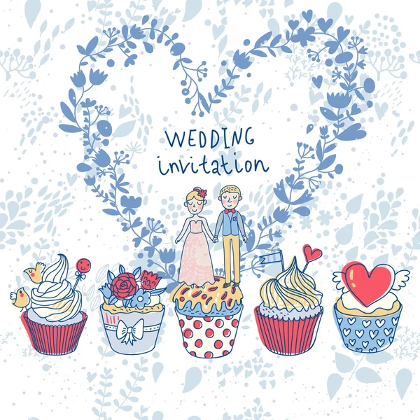 かわいいの結婚式の招待状。おいしいカップケーキの花から作られた心と愛のカップル。漫画のスタイルでロマンチックな背景。結婚式のカードや日付の招待状を保存に最適です。 — ストックベクタ