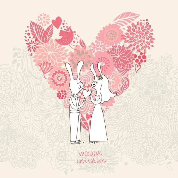 Matrimonio concepto de dibujos animados. Fondo romántico con corazón hecho de flores y conejos divertidos. Invitación floral de boda vectorial en colores rosados. Ideal para tarjetas de boda e invitaciones Save the Date — Archivo Imágenes Vectoriales