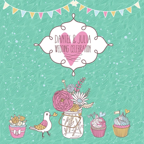 Vintage αποθήκευση καρτέλα ημερομηνία στο φορέα. χαριτωμένο γάμος πρόσκληση με πουλί, cupcakes και ανθοδέσμη — Διανυσματικό Αρχείο