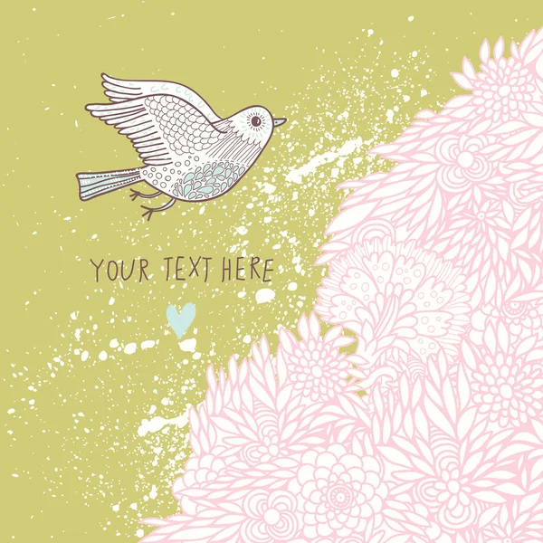 Fond floral avec un oiseau mignon dans un style vintage. Dessin animé papier peint naturel dans le vecteur dans les couleurs du printemps — Image vectorielle