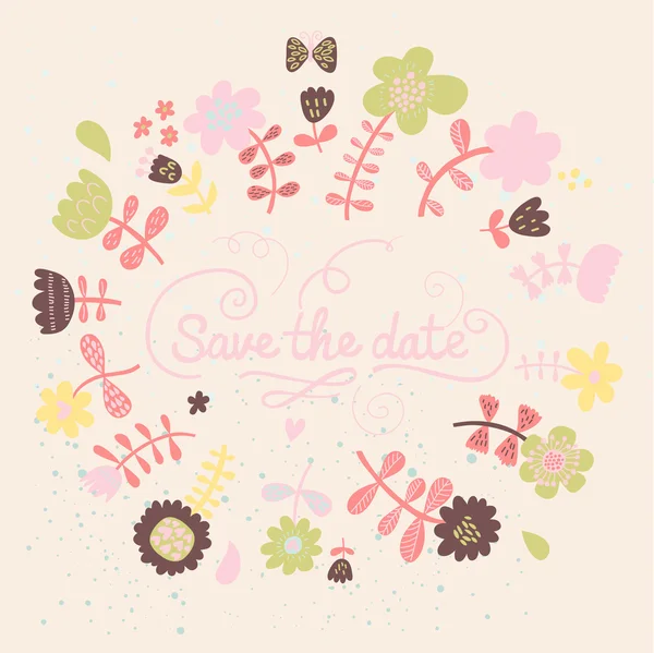 Floral εκτός καρτέλα ημερομηνία σε ροζ χρώματα. πολύχρωμο γάμο πρόσκληση στο άνυσμα — Διανυσματικό Αρχείο
