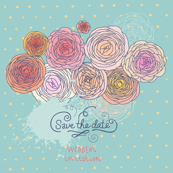 Wedding invitation with ranunculus. Cartoon floral background in vector. Stylish wedding card in pastel colors