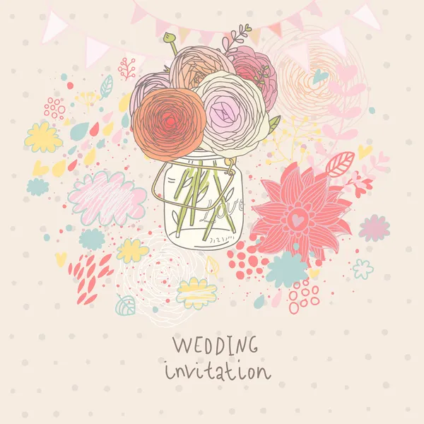 Floral wedding invitation. Flowers in jar - cartoon vector background. Spring concept wallpaper in pastel colors — Stock Vector