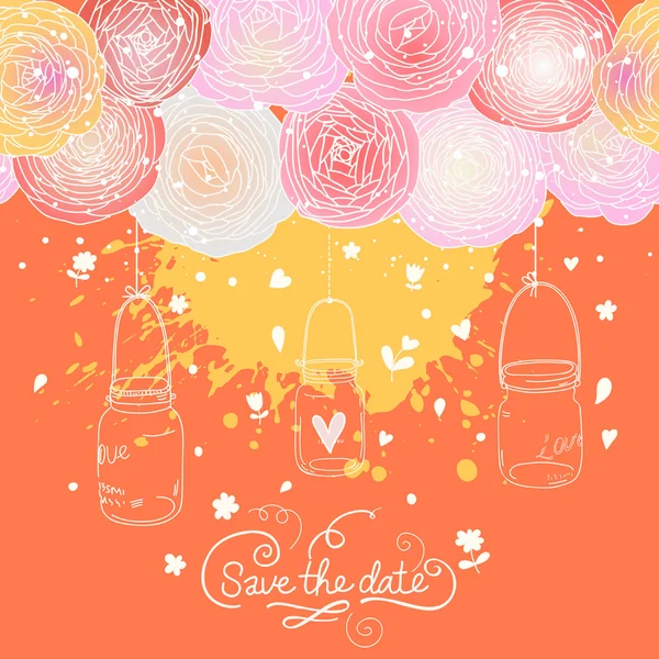 Bright Save the Date card in vector. Stylish romantic wedding invitation made of flowers and cages. — Stock Vector