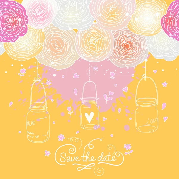 Bright Save the Date card in vector. Stylish romantic wedding invitation made of flowers and cages. — Stock Vector