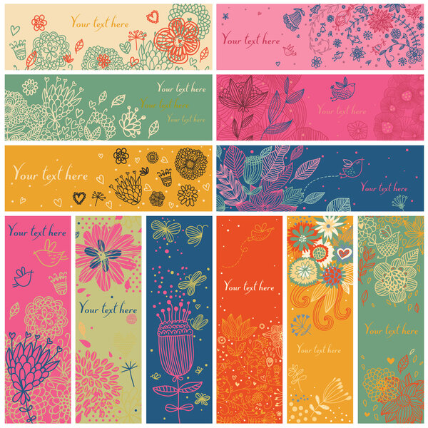 Floral banners in vector set. 12 floral cards. Summer, spring and autumn concept banners