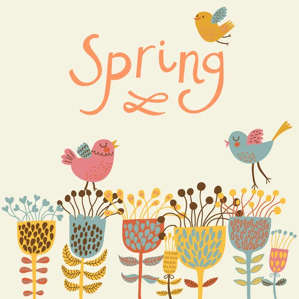 Spring flowers and birds. Cartoon floral background in vector. Spring concept card in bright colors — Stock Vector