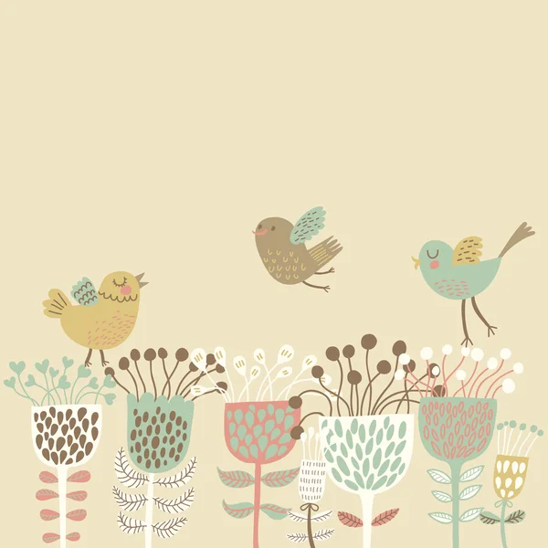 Flores de primavera y pájaros. Fondo floral de dibujos animados en vector. Tarjeta de concepto de primavera en colores brillantes — Vector de stock