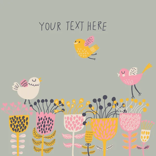 bahar çiçekleri ve kuşlar. karikatür vector floral planda. Bahar kavramı kartı parlak renkler