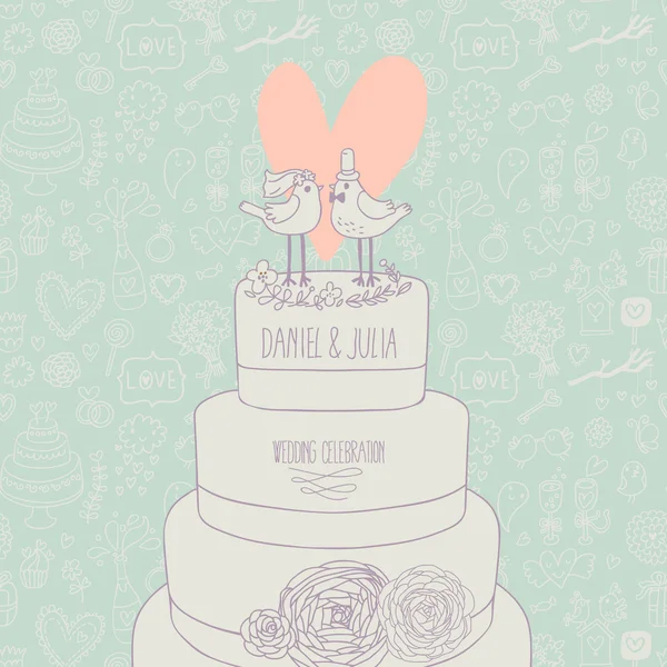 Stylish wedding invitation. Romantic birds on the cake. Save the date concept illustration. Sentimental vector card in pastel colors — Stock Vector