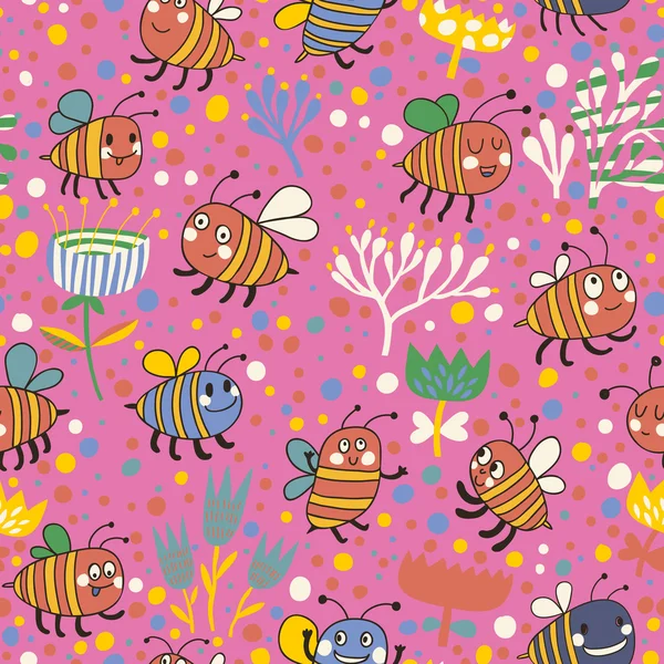 Hellen Frühling nahtlose Muster Bienen und Blumen. nahtlose Muster können für Tapeten, Musterfüllungen, Webseiten-Hintergründe, Oberflächentexturen verwendet werden. wunderschöne nahtlose florale Hintergrund — Stockvektor