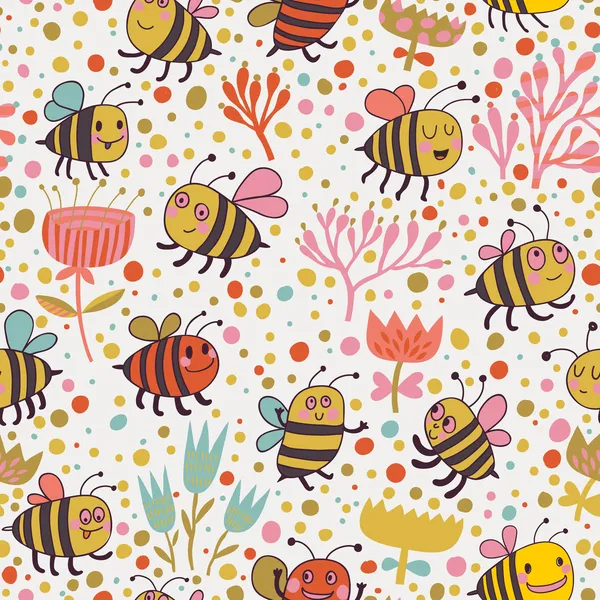 Modèle sans couture printemps lumineux Abeilles et fleurs. Modèle sans couture peut être utilisé pour le papier peint, garnitures de motif, arrière-plans de page Web, textures de surface. Superbe fond floral sans couture — Image vectorielle