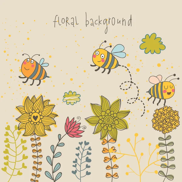 Fond vectoriel enfantin. Abeilles et fleurs aux couleurs modernes — Image vectorielle