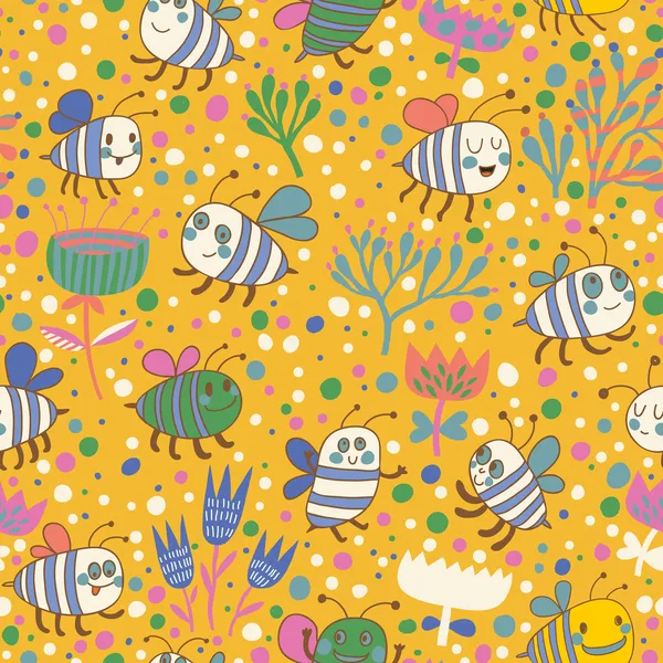 Bright spring seamless pattern Bees and flowers. Seamless pattern can be used for wallpaper, pattern fills, web page backgrounds, surface textures. Gorgeous seamless floral background — Stock Vector