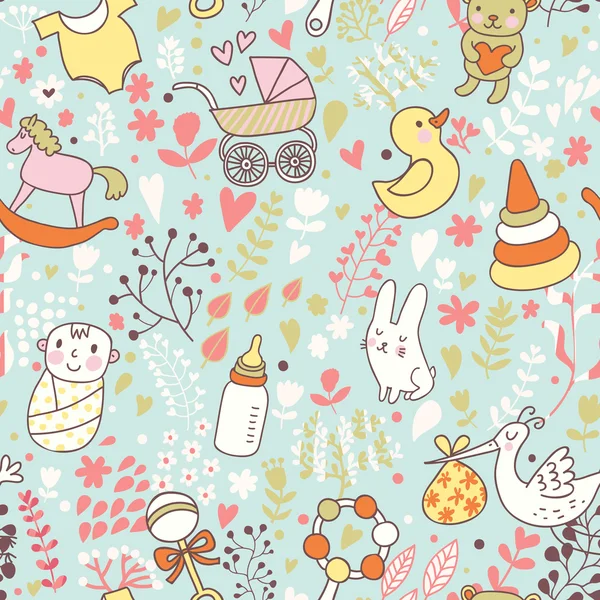 Childhood concept seamless pattern. Toys, animals, childish elements in vector. Cartoon background. Can be used for wallpaper, pattern fills, web page background,surface textures. — Stock Vector