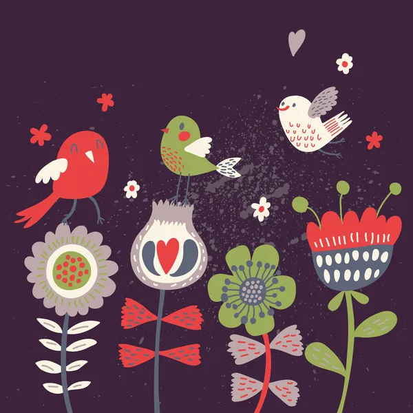 Cute cartoon birds on flowers. Bright floral background in vector. Childish vintage elements — Stock Vector