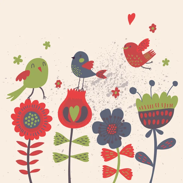 Cute cartoon birds on flowers. Bright floral background in vector. Childish vintage elements — Stock Vector