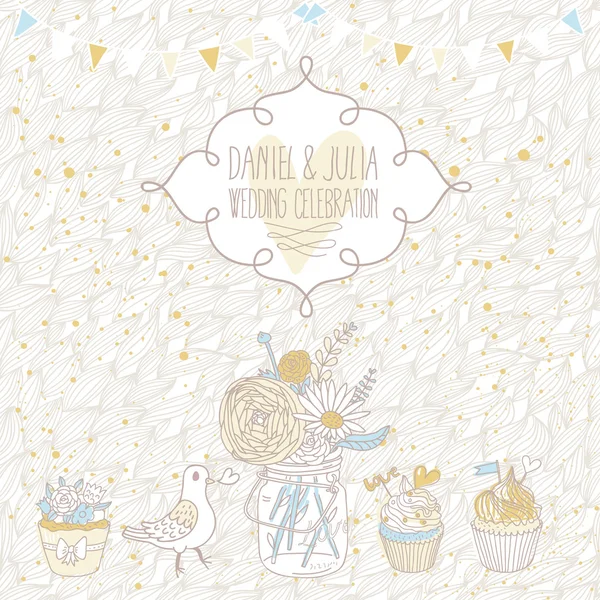 Vintage save the date card in vector. Cute wedding invitation with bird, cupcakes and bouquet — Stock Vector