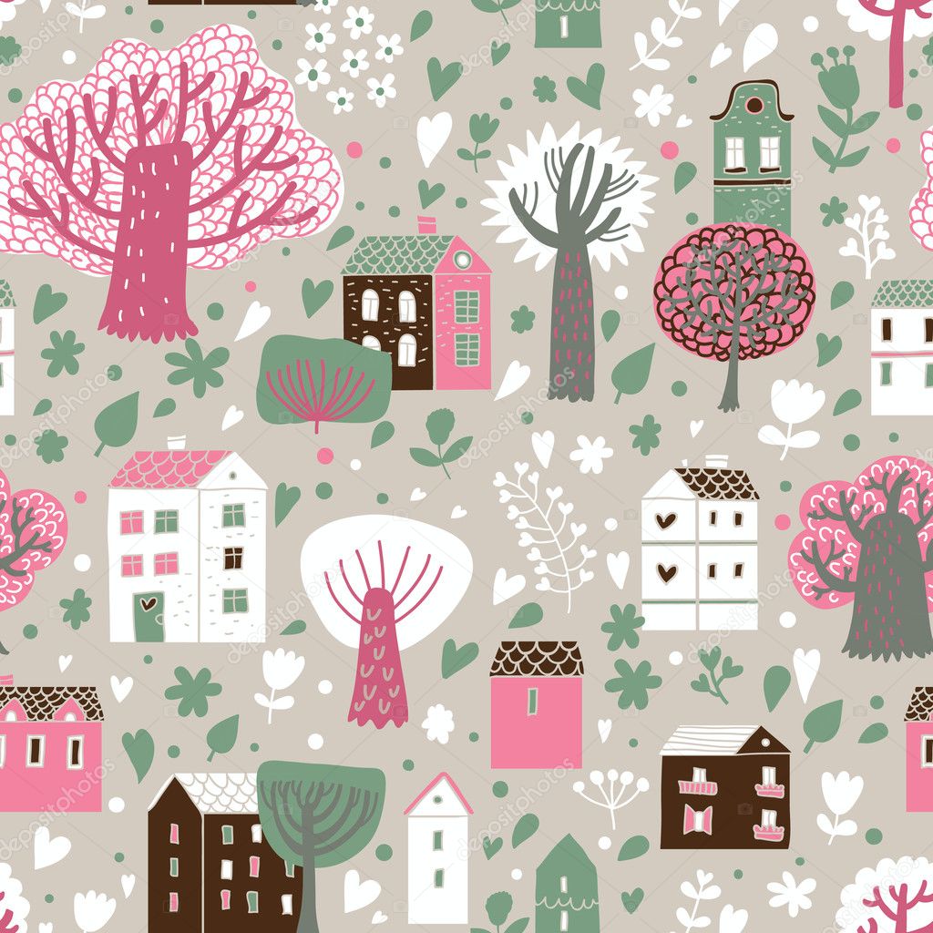 Romantic town in vector. Cute cartoon houses and trees. Seamless pattern can be used for wallpapers, pattern fills, web page backgrounds, surface textures.