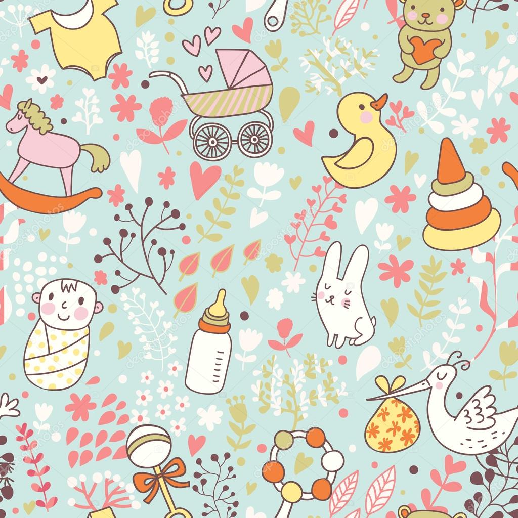 Childhood concept seamless pattern. Toys, animals, childish elements in vector. Cartoon background. Can be used for wallpaper, pattern fills, web page background,surface textures.