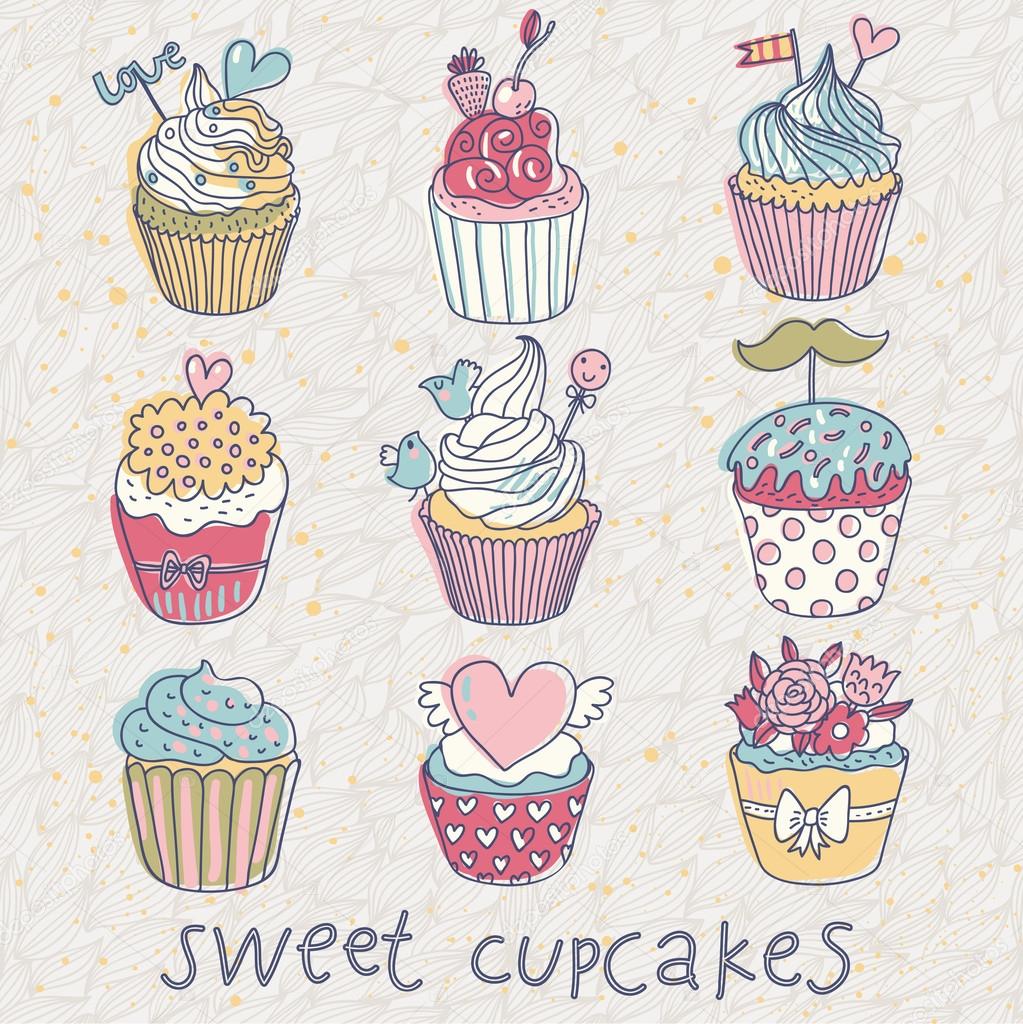 Sweet cupcakes vector set. Cartoon tasty cupcakes in pastel colors