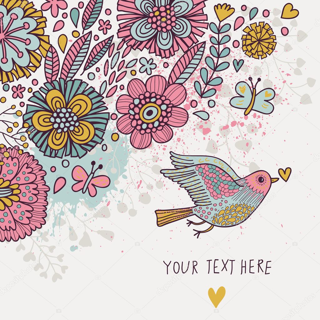Colorful vintage background. Pastel colored floral wallpaper with bird and butterflies. Cartoon romantic card in vector