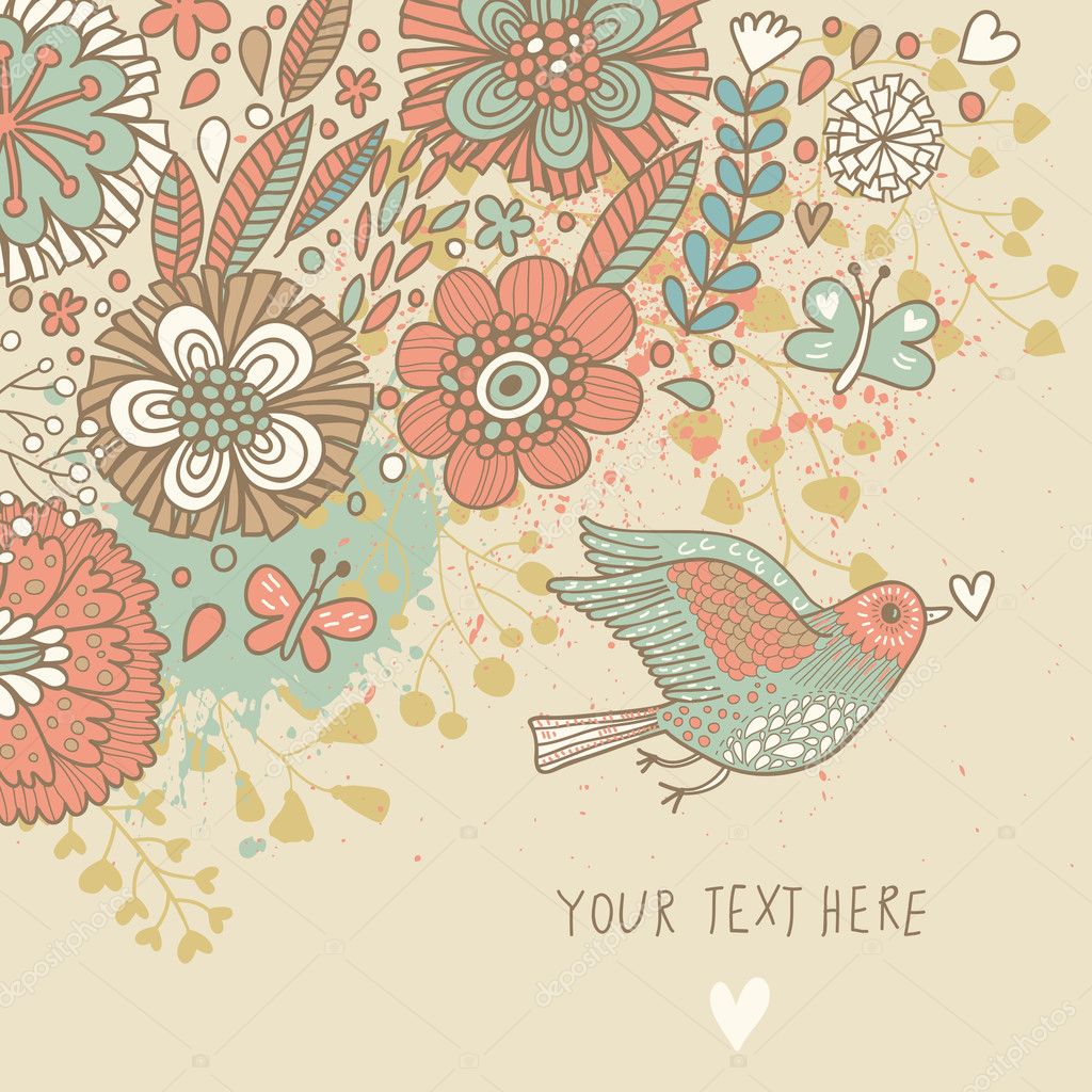Colorful vintage background. Pastel colored floral wallpaper with bird and  butterflies. Cartoon romantic card in vector Stock Vector Image by  ©smilewithjul #25066577