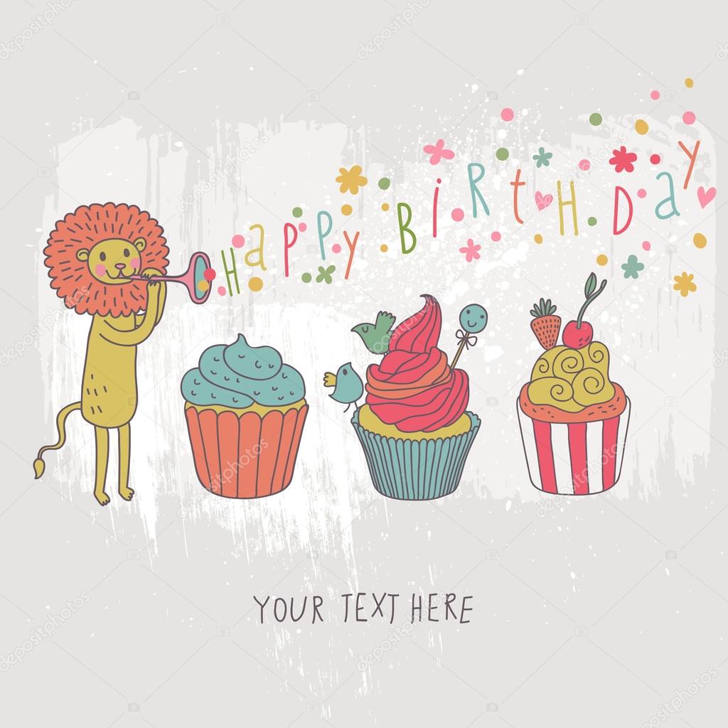 Cartolina di buon pleanno cartone animato wallpaper vacanza con Leone carino e gustosi cupcakes in vettoriale colorato sfondo infantile — Vettoriali di